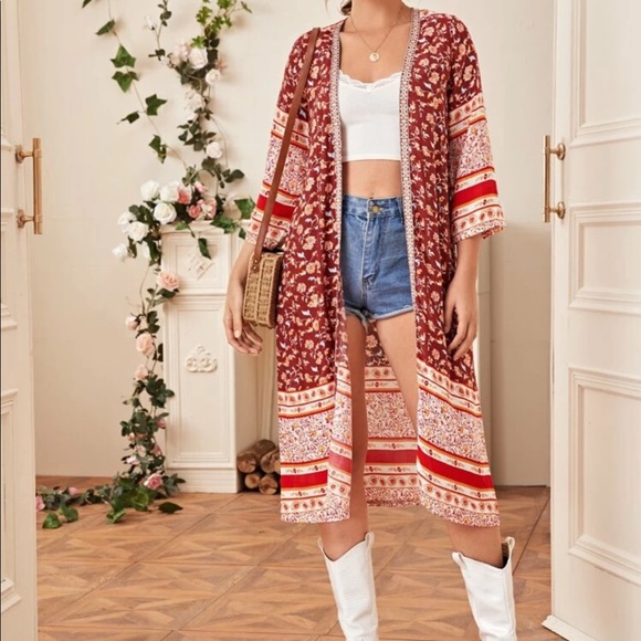 SHEIN Tops - Floral And Tribal Print Open Front Kimono